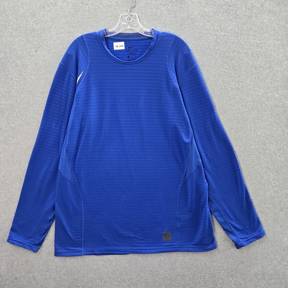 Nike Men Activewear Top XL Blue Pro Dri Fit Logo Long Sleeve Striped - Picture 1 of 11